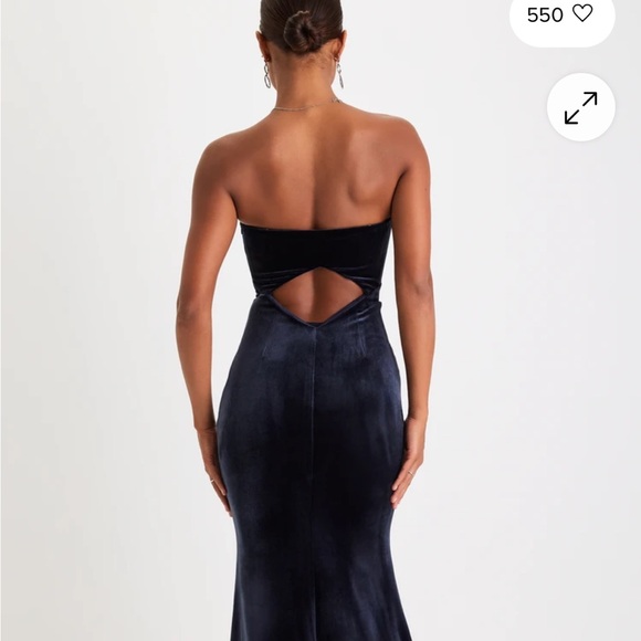 Lulus- Elegant Navy Strapless Velvet Dress - Picture 2 of 4